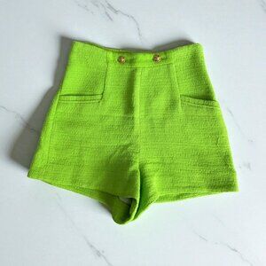 ZARA Neon Green Gold Button High Waist Shorts Size XS